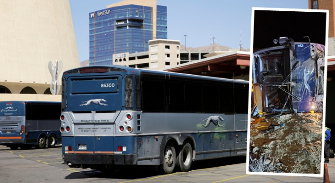 猶他州灰狗長途巴士失事翻側，導致20人傷。AP圖片