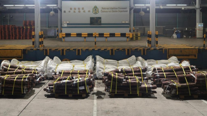 海關人員在葵涌海關大樓驗貨場檢獲的懷疑受管制紫檀木材。政府圖片