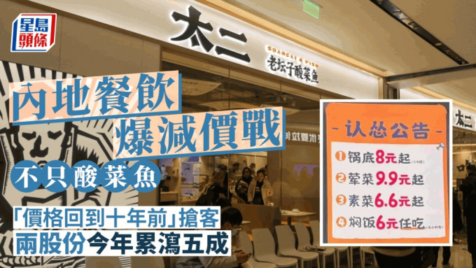 内地餐饮爆减价战 不只酸菜鱼 「价格回到十年前」抢客 两股份今年累泻五成