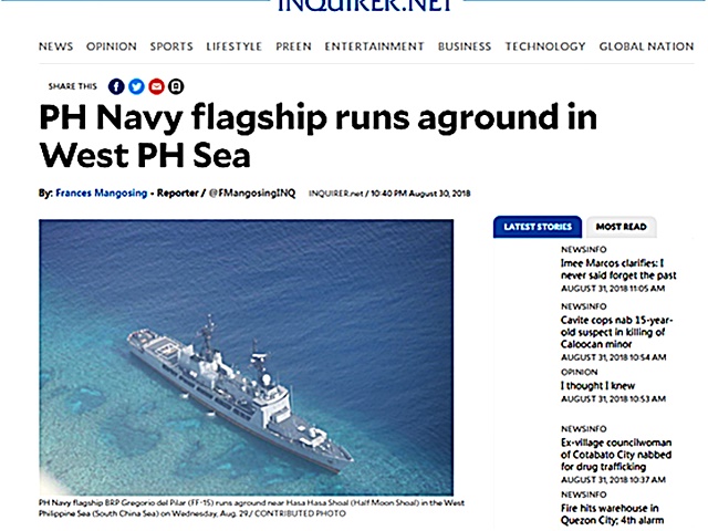 菲律宾《每日问询者报》报道「德尔皮拉尔号」搁浅事件。网图