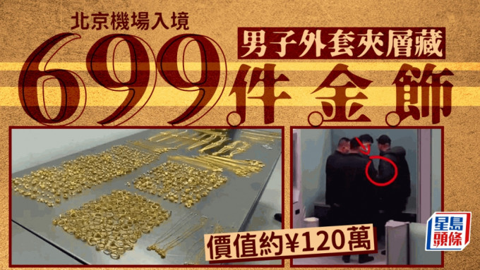 外套口袋夾層藏699件金飾 男子北京機場入境遭查獲