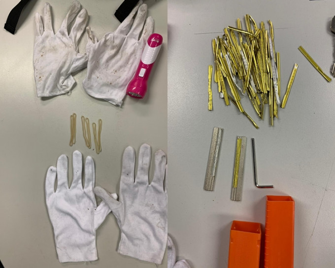 警方在3名男子身上發現手套及電筒，並在附近位置搜出一組百合匙、士巴拿及螺絲批。 警方圖片
