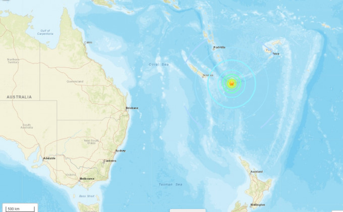 紐西蘭以北發生地震。美國地質勘探局網頁