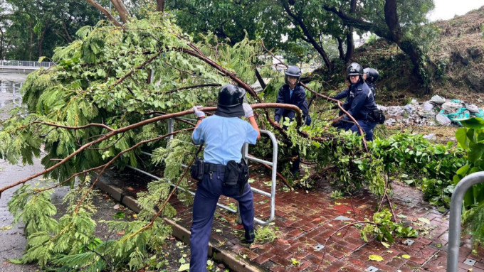 警员协助清理塌树。香港警察fb