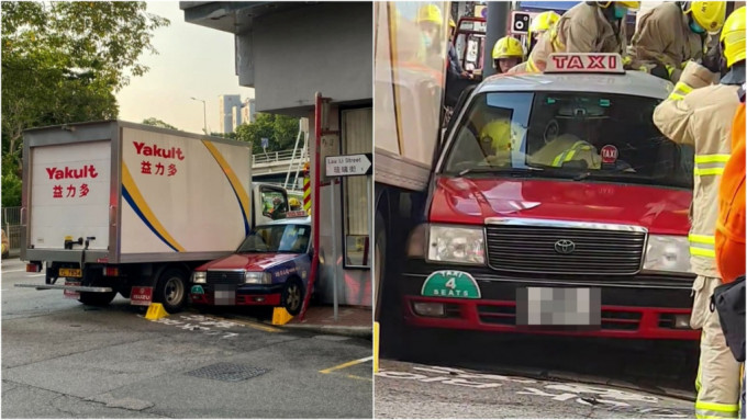 天后的士與貨車相撞 夾行人路中間 司機一度被困