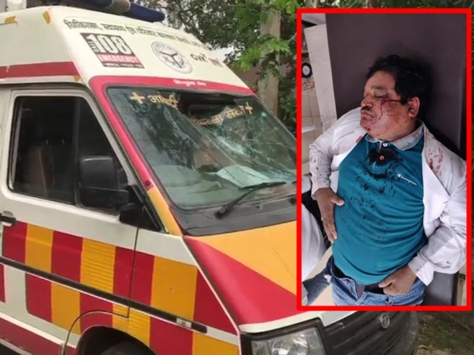 救护车被破坏，医生亦被袭击到头破血流。网图