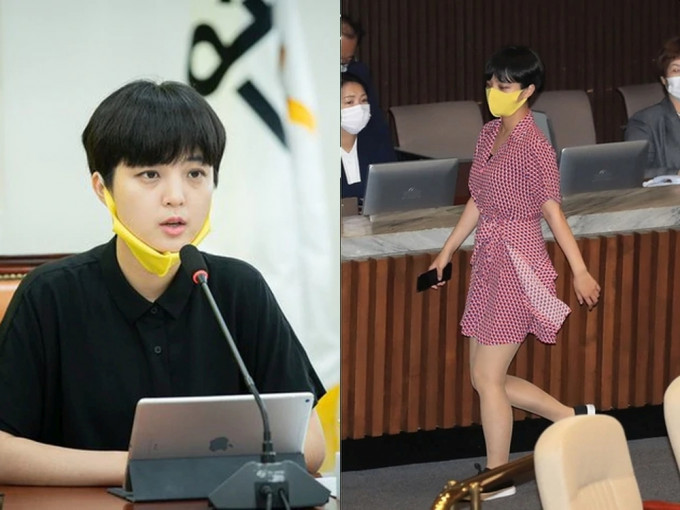 南韓正義黨28歲女議員柳浩貞穿紅白色短裙進國會挨批，卻意外成民眾焦點。(網圖)
