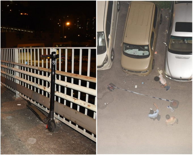 图右，警方在事主倒卧的露天停车场调查；图左，桥上遗下电动滑板车。