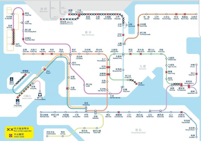 晚上11时港铁关闭的车站。