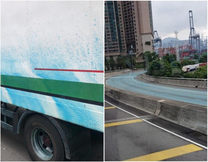 青衣马路染青蓝色，多辆途径汽车沾上色。WeCar图片