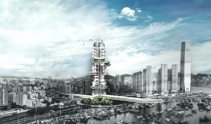 建筑师事务所倡议油麻地建超级摩天大厦。电脑模拟图片