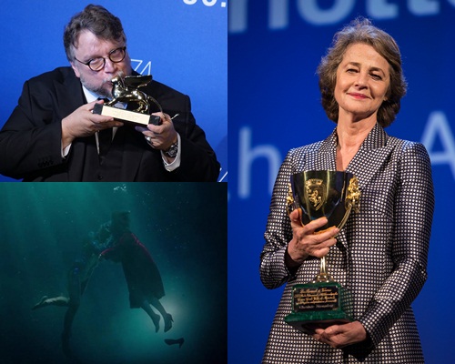 墨西哥導演Guillermo del Toro與71歲意大利女星夏綠蒂藍萍分別奪金獅獎和威斯尼影后。（新華社圖片）