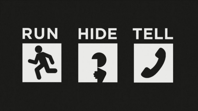 保命3招：「逃跑、躲藏、在安全的情況下報警」（run, hide, tell）。網圖