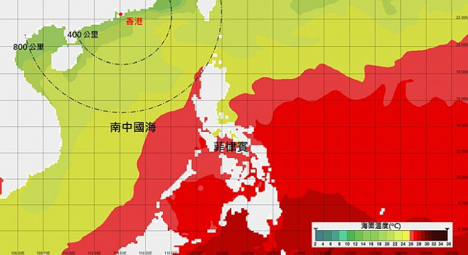 本年2月中旬南海及西北太平洋的海面温度分布，黄绿色表示海面温度低于26度。天文台