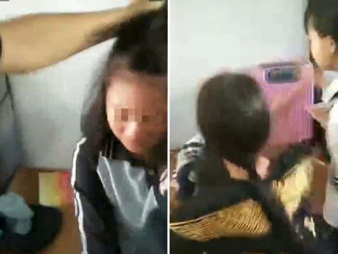 廣西南寧一名女生在學校宿舍內被另外數名女生圍毆。　影片截圖