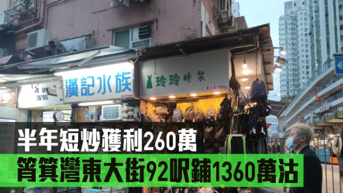 筲箕灣東大街單邊鋪以1360萬售出，原業主持貨僅半年帳面獲利約260萬。