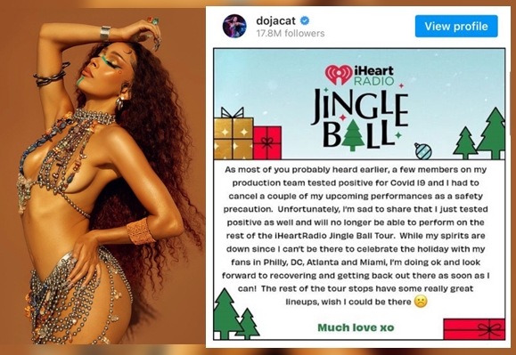 Doja Cat宣布中招馀下iHeartRadio Jungle Ball巡唱被迫取消。