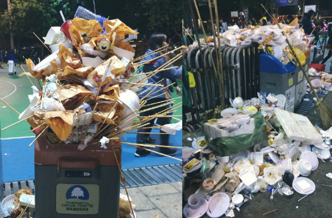 維園年宵市場的垃圾回收箱出現「垃圾山」，網民形容好像食自助餐的沙律鬥砌得高。網民Leo Mak攝