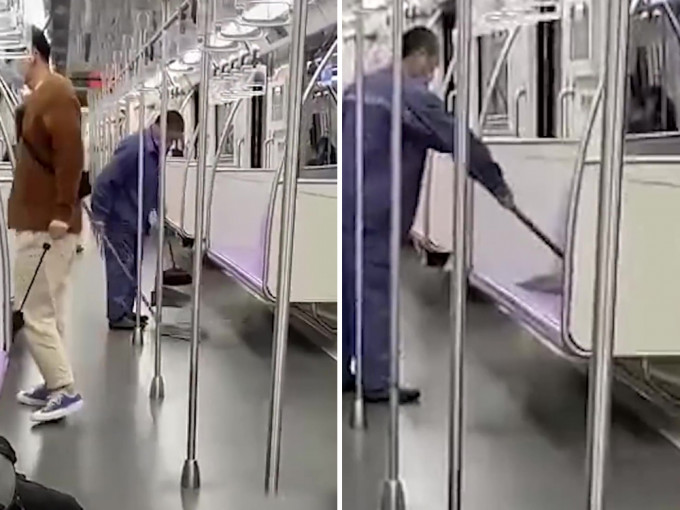 上海地鐵清潔工被發現用地拖擦座椅。(網圖)