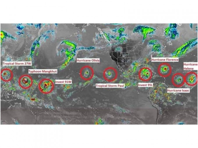 有網民發現，全球熱帶地區本周出現9個具威脅的氣旋或潛在氣旋！（網圖）