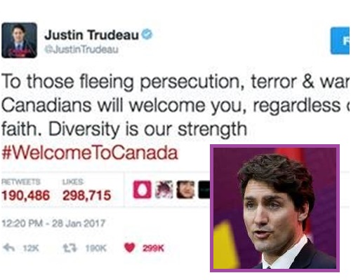 杜魯多在自己的Twitter賬號上發文，「那些逃離迫害、恐怖和戰爭的人們，加拿大歡迎你們……」 網圖