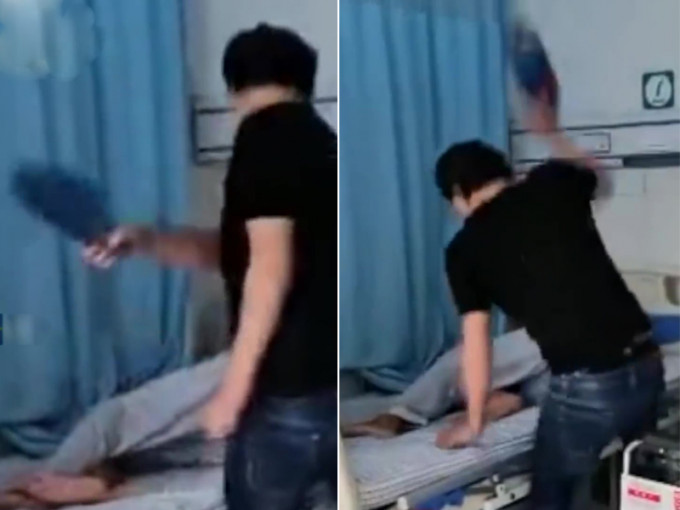 安徽男用拖鞋暴打住院父亲，影片引发争议。(网图)