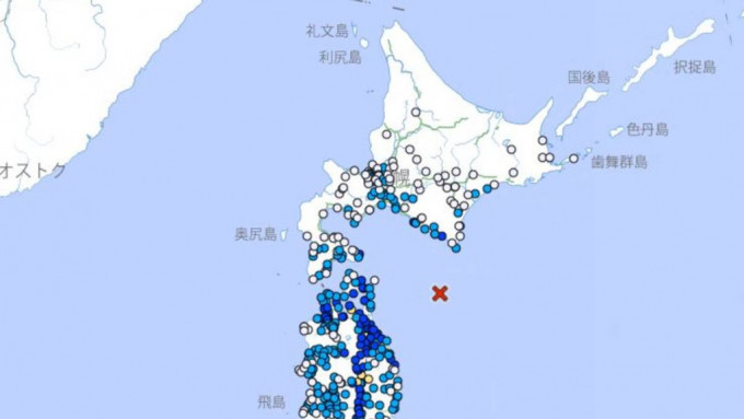 日本北海道附近海域發生6級地震。(圖：日本氣象廳)