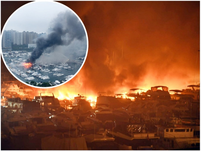 香港仔南避风塘火烧连环船，16艘船冒烟起火。