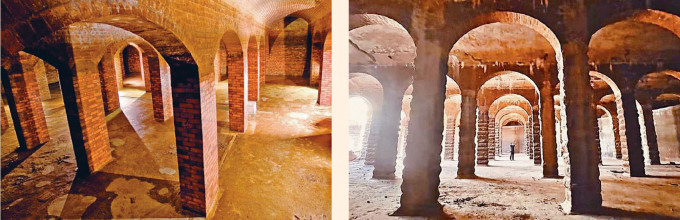 水务署年报曾刊出建于一九〇八年的克顿道食水配水库内貌（左图），与主教山配水库（右图）同属罗马式建筑。