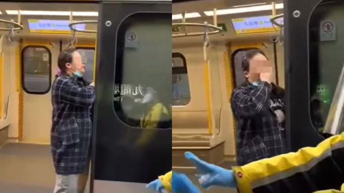该名女子一度除下口罩及阻碍列车驶离月台。网上影片截图
