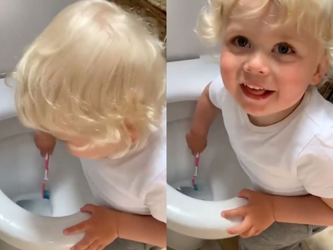 Nicola把影片上載到Facebook並描述「我兩歲的兒子用我的牙刷打掃廁所」。Family Lockdown Tips & Ideas Facebook圖片