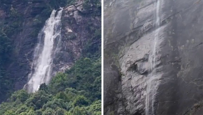内地高温乾旱不断，江西庐山瀑布缩成「一条綫」。