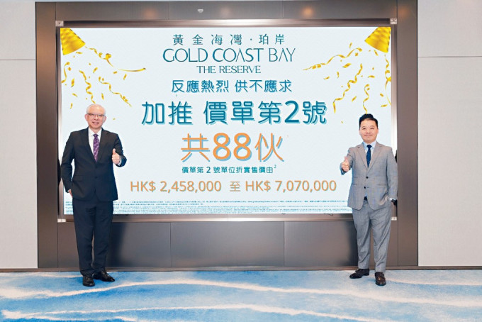 黃金海灣．珀岸昨原價加推88伙，折實入場價約245.8萬。旭日國際李炳餘（圖左）、辜錦波（圖右）。