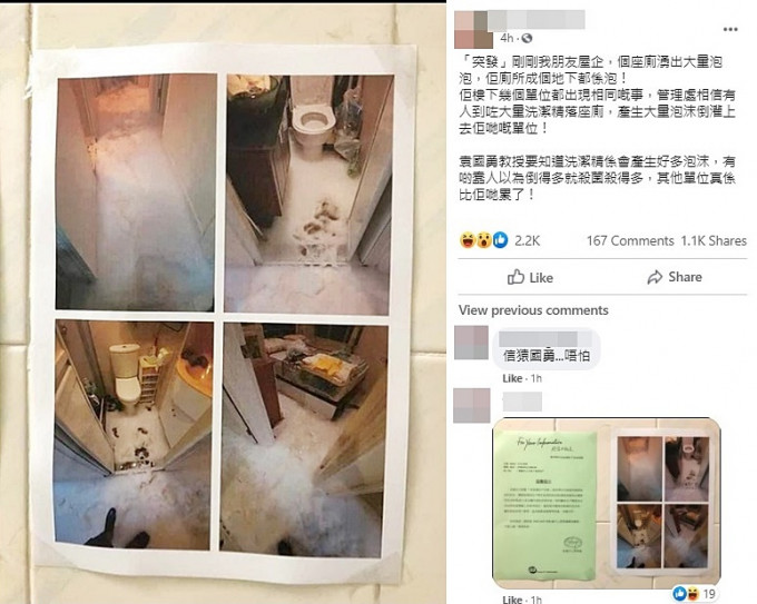 有网民声称因住户用洗洁精冲厕，致洗手间一地泡沬。FB「巴打丝打 Facebook Club」图片