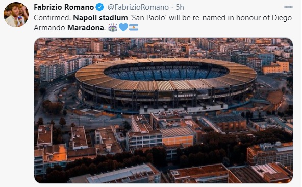 拿玻里的聖保羅球場將改以馬勒當拿命名。網上圖片
