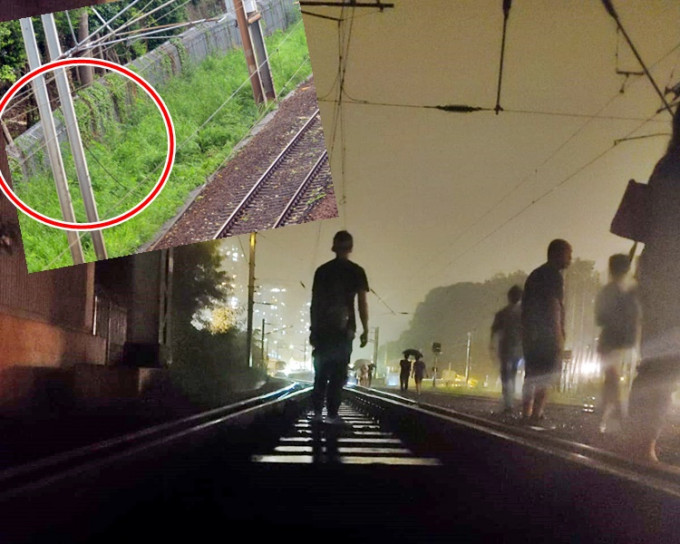 小图：断电缆位置。大图：乘客摸黑沿路轨行回大埔墟站月台。读者提供