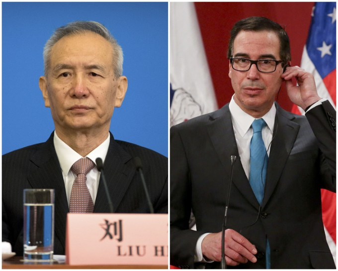 努钦(右)和刘鹤(左)曾通过电话讨论美中贸易赤字。AP