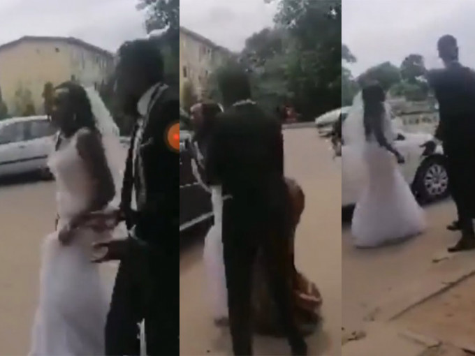 新娘在車上得知未婚夫與伴娘有染後，當場下車取消婚禮。影片截圖