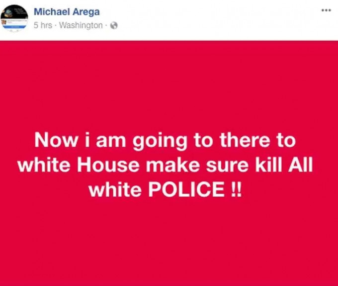 阿雷加揚言「要殺掉白宮內所有白人警察」。網上圖片