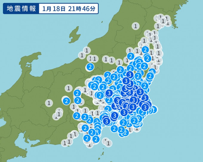 日本千葉縣東北部在當地時間晚上9時46分，發生黎克特制5.3級地震。