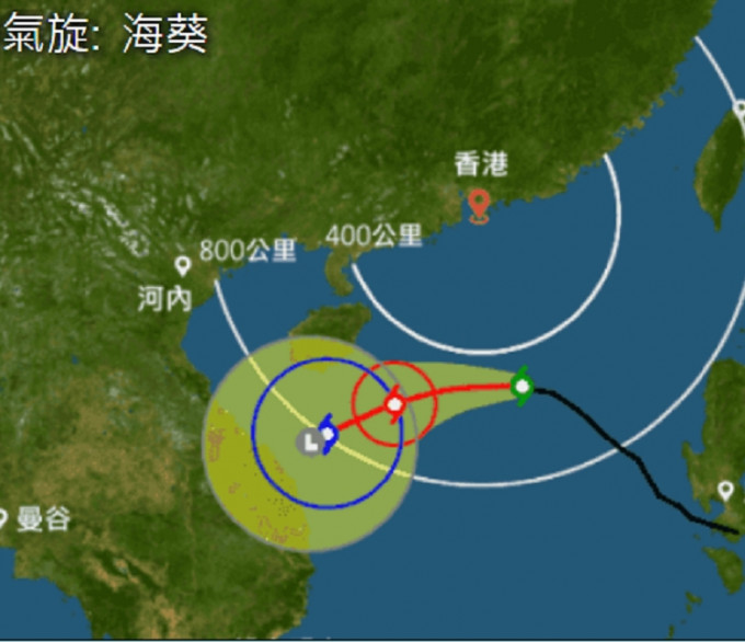 天文台下午5时路径图(绿色位置)。