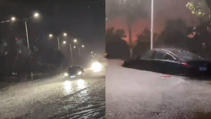 鄭州暴雨，路面積水淹沒車輪，狂風呼嘯暴雨傾盆。