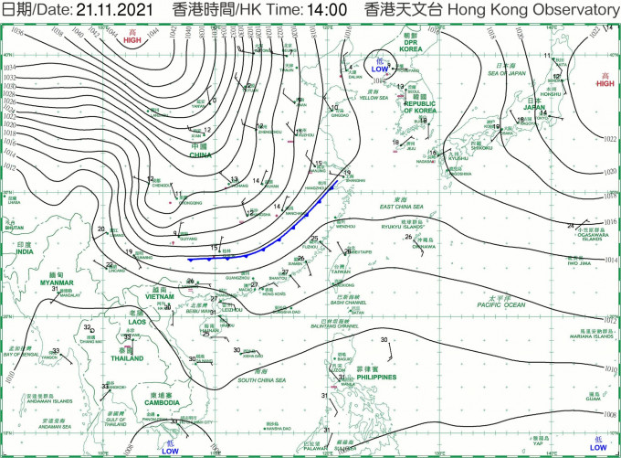 位於華南北部的一道冷鋒正逐漸向南移動，預料會在明日凌晨時分橫過沿岸地區。天文台