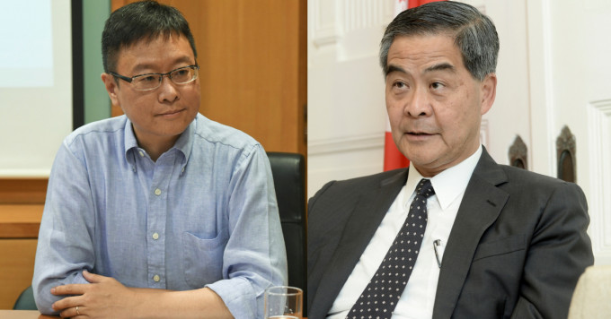 梁振英（右)質疑陳家洛是否適合擔任大學教授。
