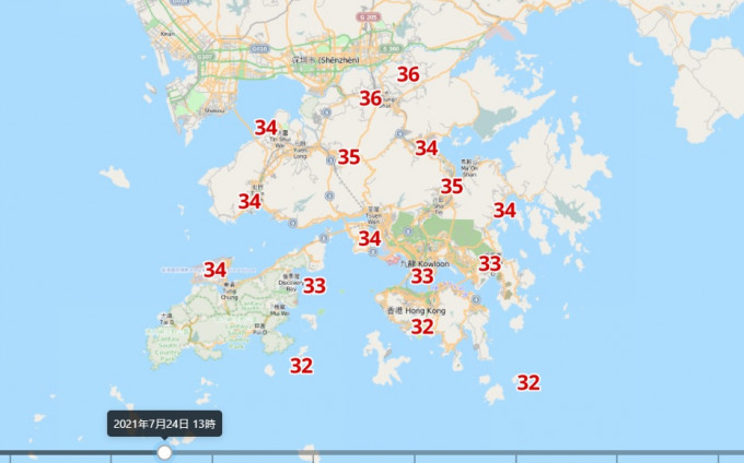 预报显示星期六新界北部下午气温达到36度。天文台自动分区天气预报网页截图