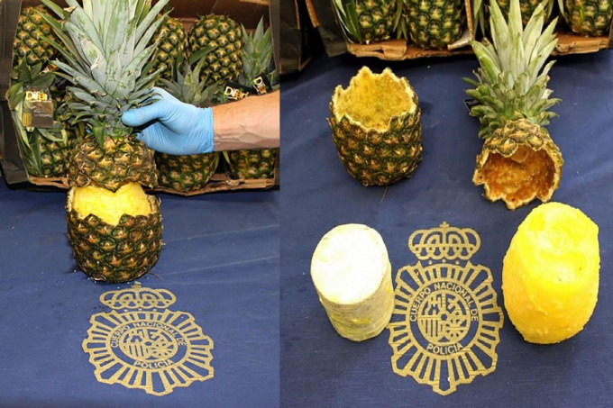 西班牙警方日前在數10個挖空了果肉的菠蘿裏檢獲了67公斤（148磅）可卡因。西班牙警方圖片