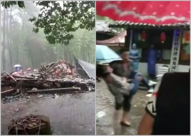 木製避雨亭因暴雨導致倒塌，造成10人被埋，9傷一死。（網圖）