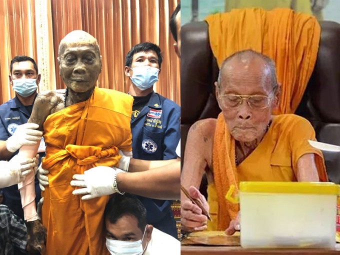 泰国高僧龙婆偏生前照片（右），偏圆寂2个月后，尸体并没有腐烂（左）。（网图）