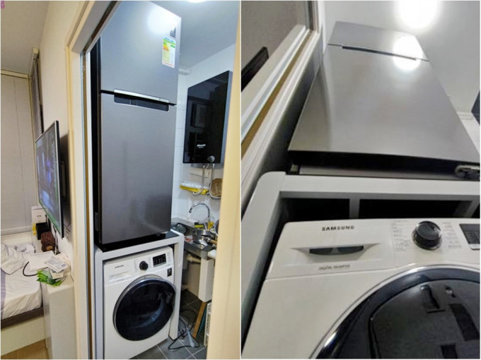 港男將雪櫃放在洗衣機上方，令人驚訝。「香港公營房屋討論區」圖片