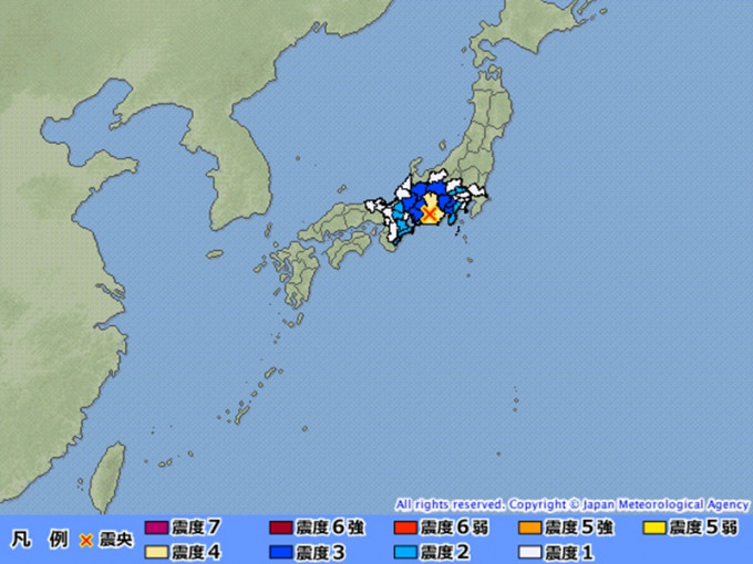 震央位于静冈县西部地区。日本气象厅